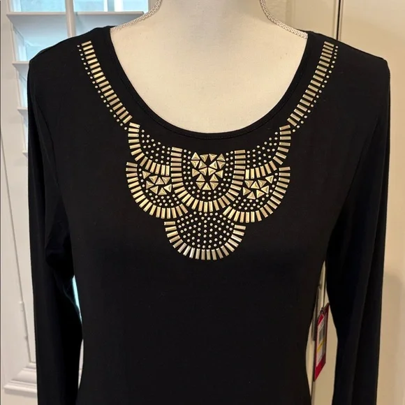 Vince Camuto Black Long Sleeve Maxi Dress Embellished Neckline New Medium - Picture 3 of 8